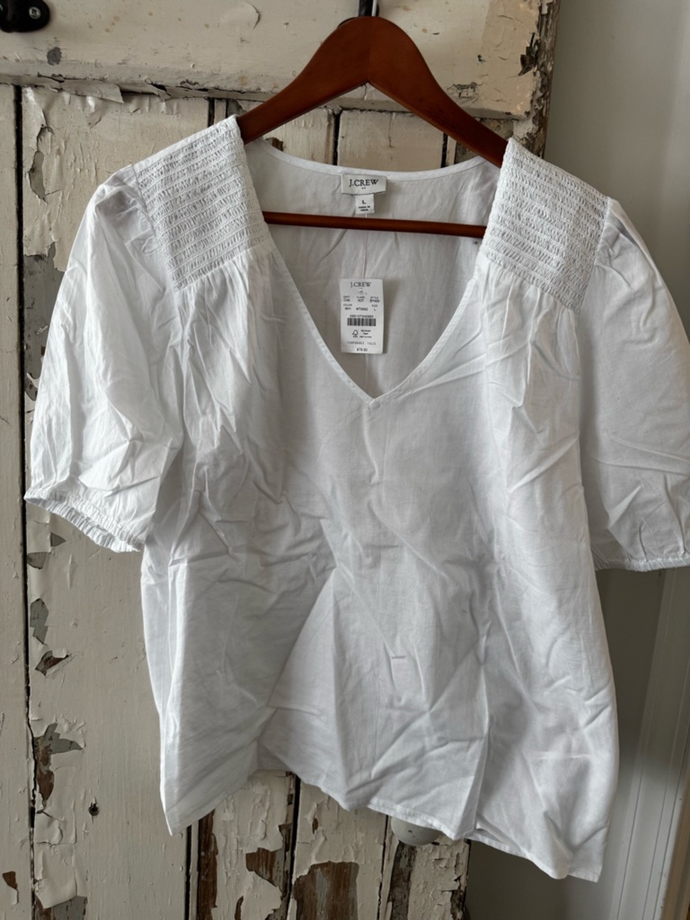 J. Crew White V-Neck Smocked Shoulder Linen Blouse
